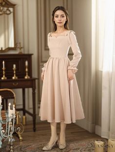 Lasaky - Bridesmaid Long Sleeve Wedding Dress, Suitable for Regular Wear Elegant Winter Wedding Midi Dress, Feminine Winter Wedding Dress, Beige Square Neck Wedding Dress, Fall Wedding A-line Evening Dress, Long Sleeve Dresses With Fitted Bodice For Bridesmaids, Fall Wedding A-line Dress, Banquet Dress With Sweetheart Neckline, Solid Long Sleeve Dresses For Wedding Guests, Fitted Winter Midi Dress For Wedding