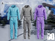 three different colored men's sweatsuits are shown in front of a snowy mountain