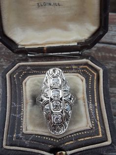 Stunning 14k White Gold, Old Mine Cut Diamond Navette ring... Perfect Vintage Condition... Victorian Platinum Diamond Ring With Hallmark, Victorian Platinum Diamond Ring Hallmarked, Oval Filigree Ring With 17 Jewels For Anniversary, Art Deco Wedding Cluster Ring In Diamond White, Diamond White Platinum Hallmarked Wedding Rings, Art Deco White Gold Cluster Ring For Wedding, Classic Filigree Ring With 17 Jewels For Wedding, Antique Jewelry In Diamond White With Brilliant Cut, White Gold Art Deco Wedding Ring