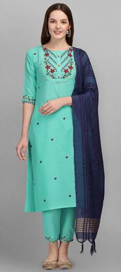 Blue color Salwar Kameez in Cotton fabric with Embroidered, Resham, Thread work Party Wear Salwar Kameez, Party Wear Salwar, Designer Ethnic Wear, Suit Collection, Different Body Types, Cotton Dupatta, Gowns For Girls, Dupatta Set, Printed Cotton Dress