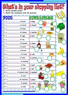 what's in your shopping list? worksheet with food and drinks for kids