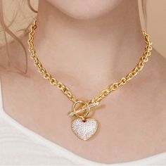 This Gorgeous Gold Dipped Chain Is Linked With A Toggle Clasp With A Beautiful Pave Cz Heart Pendant. Gold Chain Necklaces, Anthropologie Necklace, Gold Crystal Necklace, Cowrie Shell Necklace, Heart Choker Necklace, Stone Statement Necklace, Heart Shaped Pendant Necklace, Heart Shaped Pendant, Diamond Heart Pendant Necklace