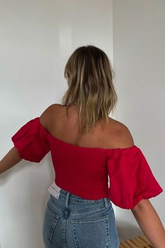 Off the shoulder puff sleeve top with gathered back. Trendy Balloon Sleeve Tops For Day Out, Balloon Sleeve Tops With Gathered Sleeves For Day Out, Summer Tops With Gathered Balloon Sleeves, Summer Balloon Sleeve Top With Gathered Sleeves, Ruched Stretch Off-shoulder Blouse, Stretch Ruched Off-shoulder Blouse, Party Tops With Gathered Balloon Sleeves, Party Tops With Balloon Gathered Sleeves, Trendy Ruched Off-shoulder Tops