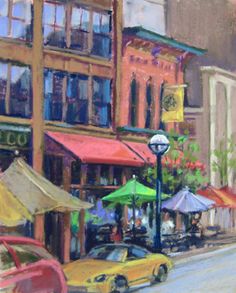 an oil painting of a city street with cars and umbrellas