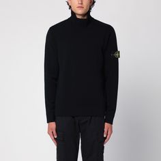 Black wool-blend Stone Island jumper featuring a high collar, long sleeves with Compass logo label and straight hem. Fall Long Sleeve Sweatshirt With Logo Patch, Fall Sweater With Logo Patch, Fall Long Sleeve Sweater With Logo Patch, Winter Long Sleeve Sweatshirt With Logo Patch, Crew Neck Sweater With Logo Patch For Fall, Crew Neck Sweater With Logo Patch For Winter, Winter Crew Neck Sweater With Logo Patch, Fall Crew Neck Sweater With Logo Patch, Casual Winter Sweater With Logo Patch