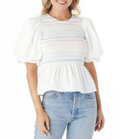 CROSBY by Mollie Burch Sloan Puff Sleeve Crew Neck Smocked Peplum Top | Dillard's Fit And Flare Silhouette, Wrinkle Remover, Fairy Dress, Dillard's, Dress Inspo, Puff Sleeves, Hot Water, Cotton Twill, Fit And Flare