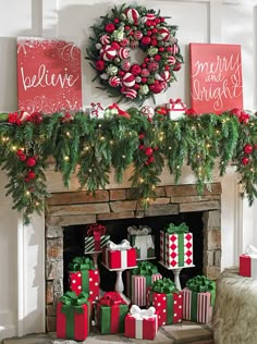 a fireplace decorated for christmas with presents