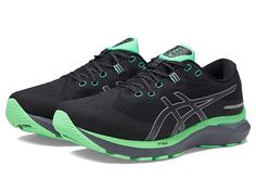 ASICS GEL-Cumulus(r) 24 Lite-Show - Men's Shoes : Black/New Leaf : Run for your next marathon donning the ultra-comfy ASICS GEL-Cumulus 24 Lite-Show sneakers featuring reflective details that are strategically positioned to improve visibility when running in low-light settings. Textile and synthetic upper. Breathable textile lining and insole. FLYTEFOAM BLAST cushioning keeps the shoe lightweight while creating a softer touchdown and a more energized toe-off. Lace-up closure. Padded collar and t Dynamic Running Shoes With Reflective Details For Trail, New Balance Running Shoes With Reflective Details, New Balance Sporty Running Shoes With Reflective Details, Sporty New Balance Running Shoes With Reflective Details, Sporty Trail Running Shoes With Reflective Details, Reflective Low-top Trail Running Shoes, Green Running Shoes With Reflective Details For Sports, Functional Running Shoes With Reflective Details For Jogging, Black Running Shoes With Reflective Details For Trail