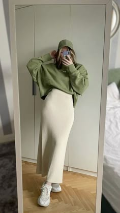 Sage Green Fashion Aesthetic, Green Midi Skirt Outfit Aesthetic, Aesthetic Outfits With Skirts Winter, Sage Green Long Skirt, Maxi Cream Skirt Outfit, Off White Skirt Outfit Winter, Green Wardrobe Aesthetic, Sage Green Winter Outfit, Long Skirt Outfit With Sneakers