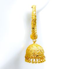 These 22k gold Bali earrings feature a festive, fine-beaded chandelier design, weighing 23.3 grams. Finished in yellow gold, they have a diameter of 1.1 inches and a total length of 2 inches. Ideal for those who seek a blend of traditional style and ornate detailing, these earrings add a glamorous and celebratory touch to any look, making them perfect for special occasions and festive events. Product Details Gold Purity(karat): 22k Gold Weight(grams): 23.3 Item Finish: Yellow Gold Earring Style: Bali/Hoop Earring Earring Diameter: 1.1" Earring Length: 2" Elegant Gold Chandbalis With Dangling Beads, 22k Gold Dangle Jhumkas For Festive Occasions, Gold Chandbali Bridal Earrings With Dangling Beads, Traditional Yellow Gold Chandelier Earrings With Intricate Design, Festive Gold Chandbalis With Dangling Beads, Gold Earrings With Beads For Celebration, Festive Gold Earrings With Gold Beads, Elegant Gold Chandelier Earrings For Eid, Festive 22k Yellow Gold Chandelier Earrings