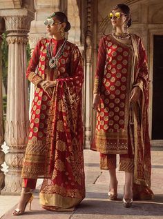 Elegant Red Unstitched Suit With Dabka, Red Sharara With Intricate Embroidery In Jamawar, Elegant Red Unstitched Suit In Chinon, Red Jamawar Sharara With Intricate Embroidery, Elegant Red Unstitched Chinon Suit, Red Anarkali Lawn Suit With Sheer Dupatta, Anarkali Lawn Suit With Sheer Dupatta In Red, Red Lawn Suit With Sheer Dupatta For Eid, Elegant Red Georgette Unstitched Suit