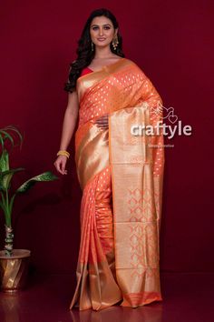 The vibrant look and comfort of katan silk sarees can always leave you captivated and this beautiful katan saree perfectly echoes that. This soft silk saree has a border and pallu with rich zari woven work along with different motifs all over the body. This saree comes with a complimenting blouse piece. Saree Length : 5.5 Mtr Blouse Piece Length : 0.8 Mtr Fabric : Blended Silk Wash Care : Dry Clean Katan Saree, Block Print Saree, Katan Silk Saree, Saree For Women, Hand Painted Sarees, Kalamkari Saree, Model Looks, Jamdani Saree, Silk Saree With Blouse