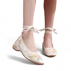 ❁Embrace Timeless Elegance and Comfort: White Lace-Up Ballet Flats with Delicate Florals Unveil a fusion of classic style and breathable comfort with our stunning white lace-up ballet flats featuring delicate floral embroidery!  These exquisite shoes are meticulously crafted to elevate your everyday look while keeping your feet cool and happy. ❁Crafted with Love and Attention to Detail: ⋆Silky Smooth Exterior Material: Luxurious fabric offers a touch of sophistication. ⋆Delicate Floral Embroider Beige Round Toe Wedding Shoes For Spring, Spring Formal Wedding Shoes Lace-up, Spring Wedding Shoes With Pointed Toe, White Flat Heel Wedding Shoes For Spring, Summer Wedding Closed-toe Shoes, Summer Wedding Closed Toe Shoes For Ceremony, Spring Wedding Shoes With Low Heel, Formal Flat Heel Wedding Shoes For Spring, Spring Wedding Closed Toe Shoes