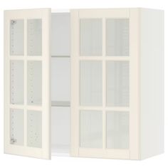 an open white cabinet with glass doors on the front and back sides, isolated against a white background