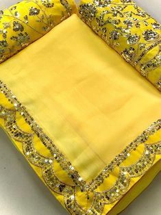 Beautiful Designer Heavy Moss Chiffon Saree With Embroidery | Etsy Navratri Organza Saree With Mirror Work, Yellow Traditional Wear With Mirror Work In Tissue Silk, Anarkali Sharara With Embroidered Border In Tissue Silk, Eid Tissue Silk Sharara With Embroidered Border, Yellow Organza Sets With Mirror Work, Yellow Embroidered Sharara For Eid, Festive Yellow Sharara With Embroidered Border, Festive Yellow Embroidered Sharara, Unstitched Tissue Silk Sharara With Embroidered Border