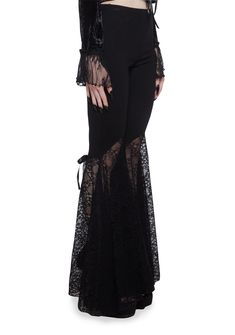 cuz you love the darkness. These pants have a velour construction, sheer floral lace bell bottoms, and a low waist fit. Black Bell Bottoms, Velvet Bell Bottoms, Goth Shirt, Romantic Goth, Velvet Lace, Bell Bottom Pants, Exclusive Collection, Bell Bottoms, Gothic Fashion