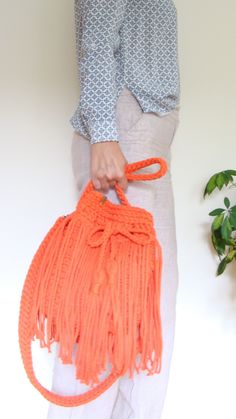 Boho handbag with fringes made with soft cotton rope in your choice of color! Bohemian Spring Crochet Bucket Bag, Spring Bohemian Bucket Bag, Summer Festival Bucket Shoulder Bag, Summer Bucket Bag With Tassels For Everyday Use, Trendy Summer Crochet Bag With Tassels, Summer Bucket Bag With Tassels, Bohemian Bucket Tote Bag With Tassels, Bohemian Tote Bucket Bag With Tassels, Bohemian Bucket Bag Tote With Tassels