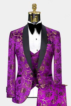 Mens-Purple-and-Gold-Tuxedo-Wedding-Groom-Prom-Suit-from-Gentlemansguru.com Luxury Fitted Suit For Festive Season, Fitted Luxury Tuxedo For Festive Occasions, Fitted Blazer For Black-tie Festive Events, Festive Fitted Blazer For Black-tie Events, Festive Luxury Fitted Tuxedo, Luxury Fitted Tuxedo For Festive Occasions, Elegant Gold Suits For Semi-formal Events, Elegant Gold Suits For Semi-formal Occasions, Gold Fitted Evening Sets