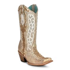 PRICES MAY VARY. SHAFT WIDTH: 13.5 SHAFT HEIGH: 13" CONSTRICTION: GOODYEAR WELT Womens Corral Boots: Ladies Corral Western Cowboy Boots. Boots and Bling, It's a Cowgirl Thing! The women’s 13” gold bone pull on western boots from Corral have overlay, embroidery, studs, crystals, snip toe, cowboy heel, 3” heel, leather outsole and Goodyear welt. C3895 Cowgirl Boots Wedding, Gold Boots, Country Style Outfits, Corral Boots, Bone White, Gold Embroidery, A Wedding Dress, Western Cowboy Boots, Goodyear Welt