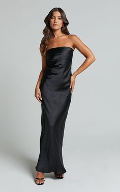 Charlita Maxi Dress - Strapless Cowl Back Satin Dress in Black | Showpo USA Black Silk Halter Dress, Black Strapless Dress Accessories, Black Strapless Bridesmaid Dress, Black Prom Dress Silk, Black Dress Bridesmaids, Black Satin Bridesmaids, Strapless Black Prom Dress, Satin Bridesmaids Dresses, Black Satin Bridesmaid Dress