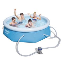 an inflatable swimming pool with three people and a water hose attached to it