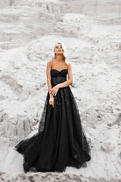 Black Wedding Dress Strapless, Black Strapless Wedding Dress, Black Corset Dress With Sheer Fitted Bodice, Black Corset Dress With Sheer Bodice, Black Corset Dress For Prom Evening, Black Wedding Gown With Boned Bodice, Black Corset Dress For Wedding And Prom Season, Black Tulle Corset Dress For Wedding, Black Corset Back Dress For Prom Season