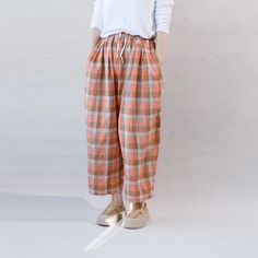 "Women Seersucker Checkered Pants, Oversized Pants Linen Pants Travel Pants, Plaid Pants Casual Pants Harem Pants Wide Leg Pants. Beautiful women's casual linen pants in plaid colors. Offered in Casual Pants category. Welcome to Lovecutething. You will love it here. Also this is a shop full of love and we love custom requests. If you have any questions feel free to contact us to discuss. Cheers! SIZE LIST: Lenght:86CM/33.8\" Waist:58-98CM/22.8-38.5\" Shipping Policies: All orders will take the fastest express delivery no extra shipping. Usually 10-15 days to arrive US. To Europe usually 8-12 days. Other countries usually 10-15 days. Safe and quick. Return Policy Kindly cntact us for returning address. You can return the item to my address. When we receive the item may refund for the price Casual Gingham Wide Leg Bottoms, Casual Wide Leg Gingham Bottoms, Plaid Ankle-length Pants With Pockets, Casual Plaid Wide-leg Bottoms, Baggy Orange Trousers, Plaid Cotton Wide-leg Pants, Plaid Wide-leg Cotton Pants, Casual Gingham Relaxed Fit Bottoms, Relaxed Fit Cotton Plaid Pants