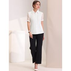 This solid shirt top adds to your choice for the summer. With the design of the point collar and sheer short sleeves, this top can make you look slim. Perfectly pair it with pants or skirts for a work style. Suitable for many occasions, work, formal, business casual, daily wear, casual, weekend gathering, dating, etc. Elegant Short Sleeve Chiffon Tops, Summer Workwear Blouse, Solid Color Summer Workwear Blouse, Solid Summer Workwear Blouse, Elegant Collared Blouse For Office, Elegant Office Wear Shirt With Collared Neckline, Solid Chiffon Short Sleeve Top, Formal Summer Blouse With Lapel Collar, Chiffon Blouse For Work