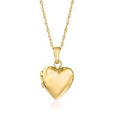 Ross-Simons - Plain - Baby's 14kt Yellow Gold Heart Locket Necklace. Size 13. Timeless elegance for the little lady in your life. This baby's heart locket necklace is crafted in 14kt yellow gold and opens to hold a small photo or keepsake. Suspends from a rope chain. Springring clasp, 14kt yellow gold heart locket necklace. Classic Heart Shaped 14k Gold Locket Necklace, Classic 14k Gold Heart Locket Necklace, Classic Yellow Gold Locket Necklace With Heart Charm, Classic Yellow Gold Heart Locket Necklace, Classic Heart Locket Necklace, Classic Heart Necklace For Keepsake, Gold Heart Locket Necklace, Gold Heart Locket, Gold Locket Necklace