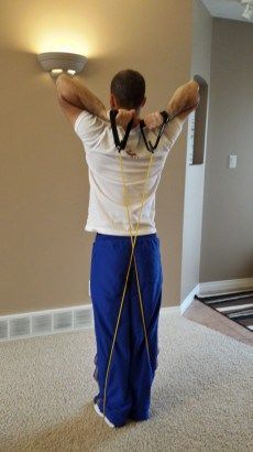 a man in blue pants is holding his hands behind his back and looking at the ceiling