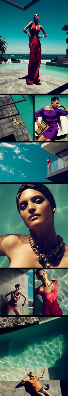 multiple images of woman in red and purple dress sitting on the edge of a swimming pool