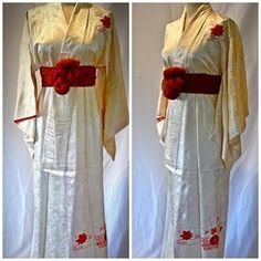 White Long Vintage Kimono, Long White Vintage Kimono, White Long Silk Kimono, Traditional White Kimono For Wedding, Traditional White Kimono For Ceremonies, Traditional Cream Kimono, Womens Robes, Silk Kimono, Orange Flowers