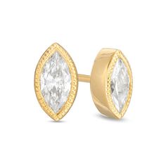 Perfectly petite, these vintage-inspired diamond stud earrings are an adorable look she'll never want to take off. Crafted in warm 10K gold, each anytime earring showcases a sparkling 1/5 ct. marquise-shaped diamond solitaire in an intricate milgrain-lined bezel setting. Captivating with 3/8 ct. t.w. of diamonds and a bright polished shine, these post earrings secure comfortably with friction backs. Classic Gold Earrings With Rose Cut Diamonds, Yellow Gold Marquise Cut Earrings For Gift, Yellow Gold Marquise Cut Earrings As Gift, Timeless Gold Diamond Earrings With Rose Cut, 14k Yellow Gold Marquise Earrings, Timeless Yellow Gold Rose Cut Diamond Earrings, Classic Rose Cut Diamond Earrings For Anniversary, Gold Diamond Earrings With Marquise Accents, Yellow Gold Marquise Earrings Fine Jewelry