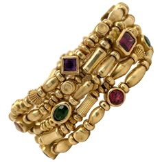 SEIDENGANG five row beaded bracelet featuring multi color gemstones of emerald, garnet, amethyst and Tourmaline stones crafted in 18K yellow gold, 71.8 Grams. Stamped SG 750 Gold Frosting, Dope Jewelry Accessories, Vintage Designer Bags, Jewellery Rings, Dope Jewelry, Chic Leather, Gold Bracelets, Jewelry Lookbook, Fantasy Jewelry