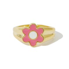 Material: gold plated brass, hand painted with enamel Gold Enamel Hand Painted Rings, Hand Painted Gold Enamel Rings, Hand Painted Enamel Gold Rings, Gold Enamel Ring Perfect For Gifting, Gold Enamel Ring For A Gift, Gold Enamel Ring Perfect For Gift, Pink Enamel Flower-shaped Jewelry, Gold Enamel Flower Jewelry, Gold Flower-shaped Enamel Jewelry