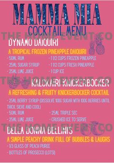 the menu for mama mia's cocktail menu