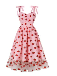 Heart 1950s Mesh Sling Dress – Retro Stage - Chic Vintage Dresses and Accessories Strawberry Dress Wedding, Casual Fancy Dress, Cottagecore Summer Dress, Cute Strawberry Outfit, Strawberry Shortcake Outfits Inspired, Strawberry Clothes Aesthetic, Cute Clothing Items, Strawberry Dress Outfit, Strawberry Dress Aesthetic