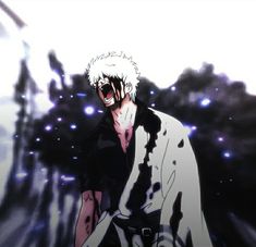 an anime character with white hair and black eyes is standing in front of a blurry background