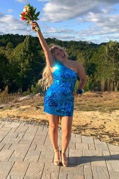 Blue One Shoulder Mini Hoco Dress with Cut Mirror Sequins Mini Hoco Dress, Hoco Dress, Short Party Dress, Short Homecoming Dress, Dress 2024, Sequin Shorts, Shoulder Cut, Hoco Dresses, Shorts With Tights