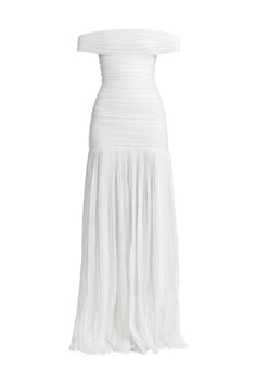 This elegant off-shoulder gown features a ruched bodice with a drop waist, seamlessly transitioning into a flowy crepe skirt. The design exudes a timeless charm, perfect for making a graceful statement. Off Shoulder Formal Dress, Maxi Dress White, Lace Drop Waist Wedding Dress, White Maxi Dress, Drop Waist Dress, Dress To Jumpsuit, Fitted Gowns, Happy Clothes, Off Shoulder Gown