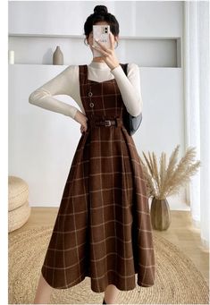 Buy high quality fall winter women sweater overalls dress sets casual knitted tops +plaid woolen dress 2 piece sets outfits female at rebelsmarket for . find more ,  and  products. enjoy ✓free shipping worldwide! ✓limited time sale ✓easy return. Vintage Core Outfits, Academia Wardrobe, Capsule 2023, Dark Academia Dress, Dark Academia Dresses, Plaid Sweater Dress, Preppy Mode, Teacher Aesthetic, Woolen Dresses