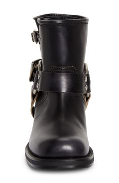 Roller buckles and rivets bring moto swagger to this square-toe harness boot crafted from smooth, polished leather in an ankle-high silhouette. 1 3/4" (44mm) heel 5 1/2" shaft Pull-on style with adjustable straps Leather upper and lining/rubber sole Made in Italy Designer Shoes Punk Style Leather Moto Boots With Metal Buckle, Biker Leather Moto Boots With Rivets, Edgy Leather Boots With Metal Pin Buckle, Classic Calf Leather Moto Boots With Buckle, Fall Calf Leather Moto Boots With Buckle, Punk Boots With Buckle Closure For Biker Events, Biker Style Ankle Moto Boots With Rivets, Biker Ankle Moto Boots With Rivets, Fall Moto Boots With Buckle Closure And Snip Toe