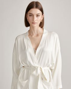 Now available in a range of sizes, our dreamy silk robe is the key to living your best life ever. Made from 100% mulberry silk that's easily washable, this is low-maintenance luxe at its finest. And there's a beauty bonus: Silk fiber contains 18 kinds of amino acids that make it amazing for skin nourishment. It's also hypo-allergenic and naturally thermoregulating to keep you comfy whenever you slip it on.  | Quince | Women's Robe in Ivory, Size XL, Mulberry Silk Silk V-neck Kimono For Daywear, Elegant Summer Robe For Relaxation, Elegant Wrap Robe For Relaxation, Elegant Silk Summer Robe, Elegant Summer Silk Robe, Silk Wrap Robe For Sleep, Elegant Silk Sleepwear For Relaxation, Chic Silk Robe For Sleeping, Silk V-neck Robe For Loungewear