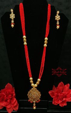 "Gold polki is just so perfect! This handcrafted polki & hydro beads maala necklace set is no exception. All with a pop of color! The earrings are approximately 2.25 \" long & 0.55 \" wide. Pictures are taken in room light indoors. Please contact if you have any questions. Thanks!" Red Kundan Necklace With Round Beads In Temple Style, Red Kundan Necklace With Round Beads For Festivals, Red Round Beads Kundan Necklace For Festivals, Red Beaded Kundan Necklace In Temple Style, Red Kundan Necklace Gift For Navratri, Red Kundan Beaded Necklace For Celebration, Red Kundan Beaded Necklaces For Celebration, Red Kundan Necklace For Navratri, Red Kundan Necklace For Navratri Celebration