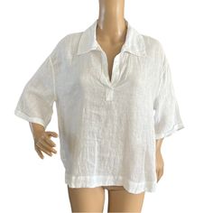 Zara Womens White 100% Linen Over Size Blouse Size Small Nwt. Spring Vacation Tops With Collared Neckline, Spring Beach Blouse With Collared Neckline, Collared Neckline Blouse For Spring Beach Occasions, Beach Blouse With Collared Neckline For Spring, Collared Neckline Blouse For Beach And Spring, Elegant V-neck Beach Shirt, Summer Vacation Tops With Collared Neckline, Summer Collared Neckline Top For Vacation, Summer Tops With Collared Neckline For Vacation