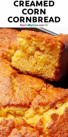 a close up of cornbread on a plate with the text overlay above it