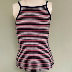 Rue 21 Camisole Tank Top Wide Ribbed Pink Gray Green Black White Striped Polyester Cotton Blend Size S Neckline Spaghetti Straps Armpit To Armpit 11” Shoulder To Shoulder 7” Length 19” Bottom 29” New Without Tags Mint Condition Multicolor Seamless Tops, Fitted Striped Tank Top With Spaghetti Straps, Striped Fitted Tops With Tank Straps, Fitted Striped Tops With Tank Straps, Striped Fitted Tank Top With Tank Straps, Trendy Striped Stretch Tank Top, Multicolor Stretch Cami Top, Stretch Multicolor Cami Top, Pink Ribbed Cami Tank Top