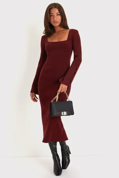 Bring chic energy everywhere you go in the Lulus Classy Attitude Burgundy Ribbed Square Neck Midi Sweater Dress! Soft and stretchy ribbed knit shapes this sweater dress with a square neckline framed by long sleeves with decorative covered button details along the slightly flared, split cuffs. The figure-hugging silhouette flaunts your curves just right before ending at a sophisticated midi hem. Kick pleat at the back allows for movement all day long. Fit: This garment fits true to size. Length: Midi Dress Coat, Classy Sweater Dress, Holiday Festive Attire, Winter Shower Guest Outfit, Winter Dresses For Women For Party, Burgundy Dress With Boots, Midi Dress With Boots Winter, Burgundy Dress Outfit Winter, Dresses Winter Outfit