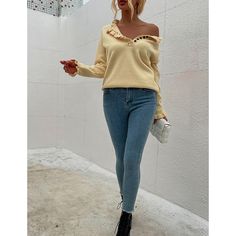 Yellow Ruffle Detail Crew Neck Long Sleeve Knitted Sweater Long Sleeve Knit Sweaters, Winter Sweaters, Long Sleeve Knit, Sweaters & Cardigans, Knitted Sweaters, Crew Neck, Yellow, Long Sleeve