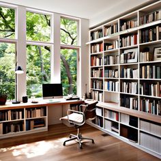 a home office with lots of bookshelves and a desk in front of a window